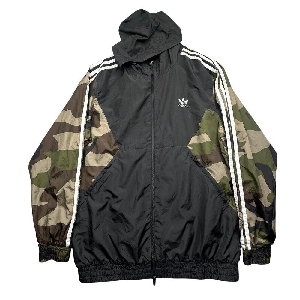 Adidas Originals Camo Windbreaker Hooded Jacket Mens Large Ripstop Black